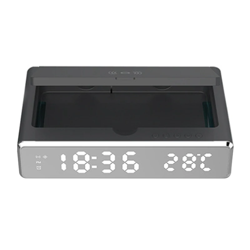

Alarm Clock Speaker For Smart Phone Disinfect With Wireless Charger For Makeup Tools Glasses Masks Keys