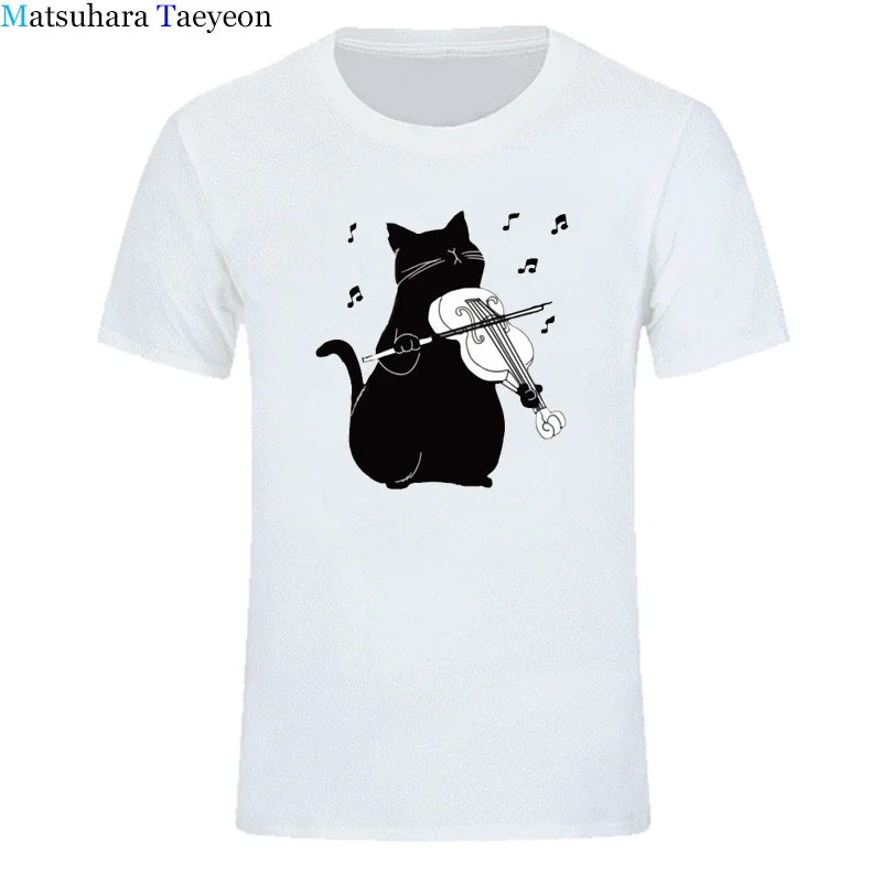 

Футболка мужская с рисунком милого кота, играющего на скрипке и гитаре, модная Повседневная рубашка с забавным рисунком музыканта, кота, мол...