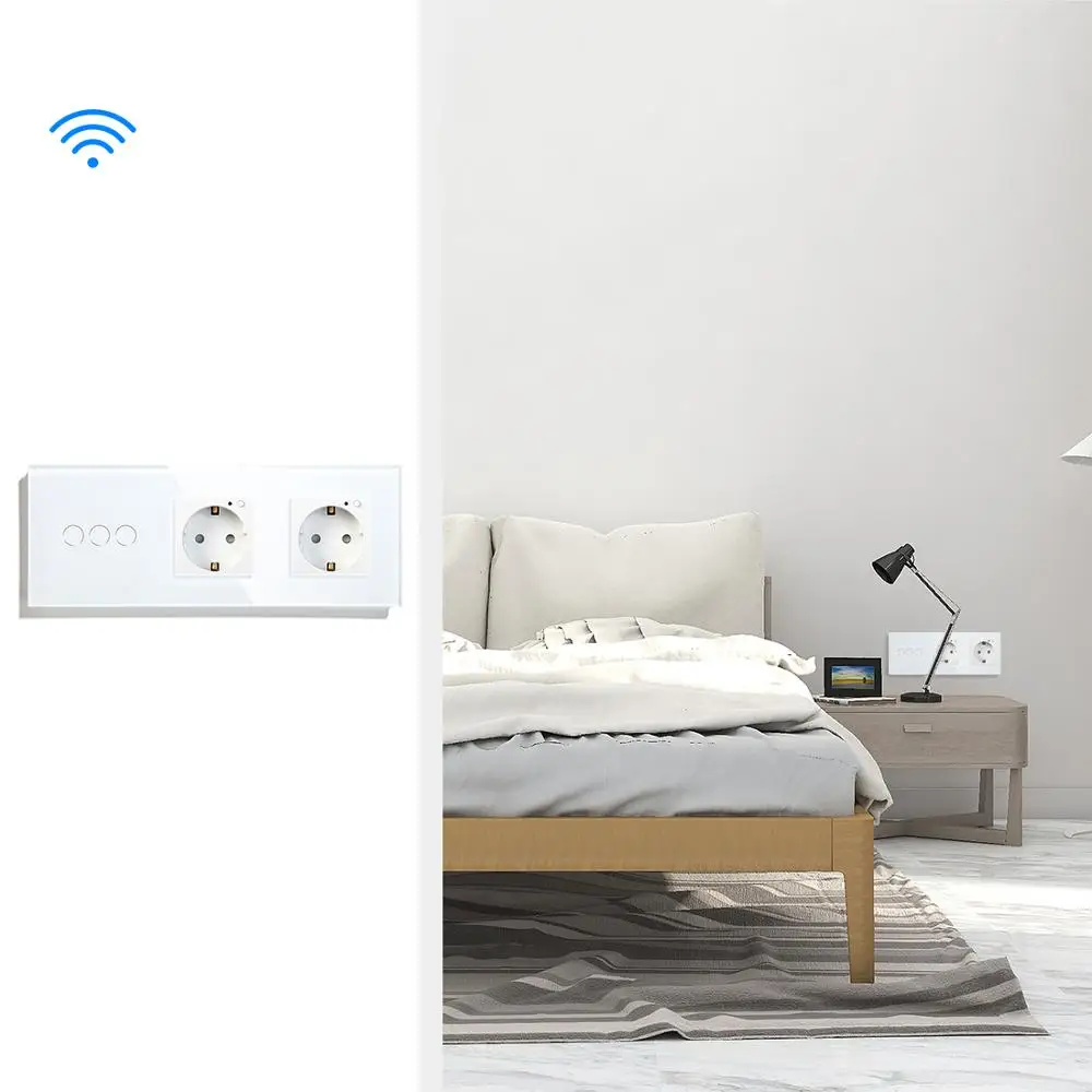 Wi-Fi-переключатель BSEED 3 Gang двойная розетка Wi-Fi европейского стандарта с Белой и