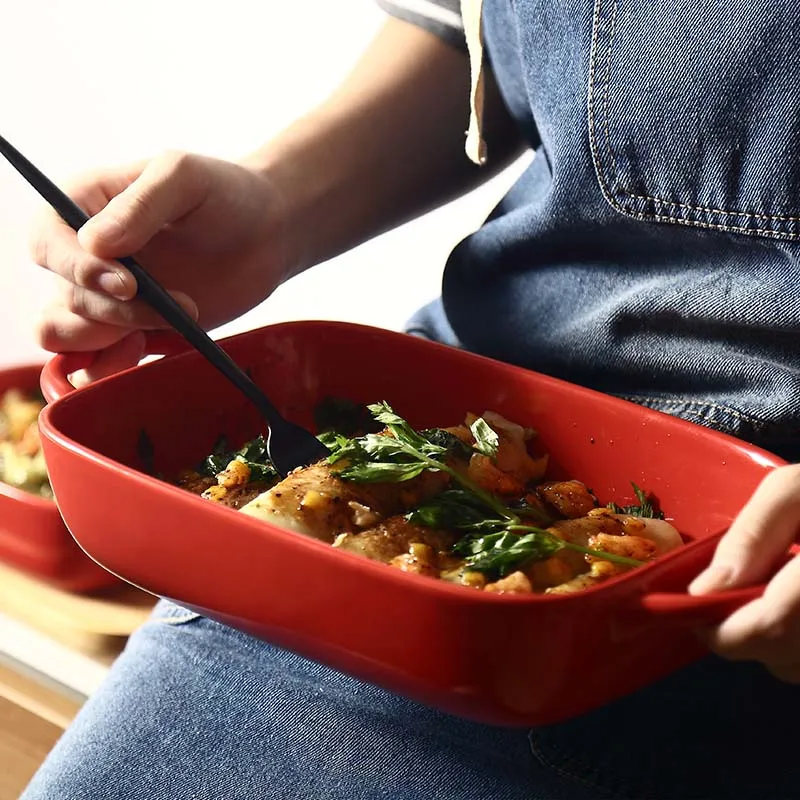 

Binaural ceramic bakeware household red baking bowl cheese baked rice tray creative baking tray special for microwave oven