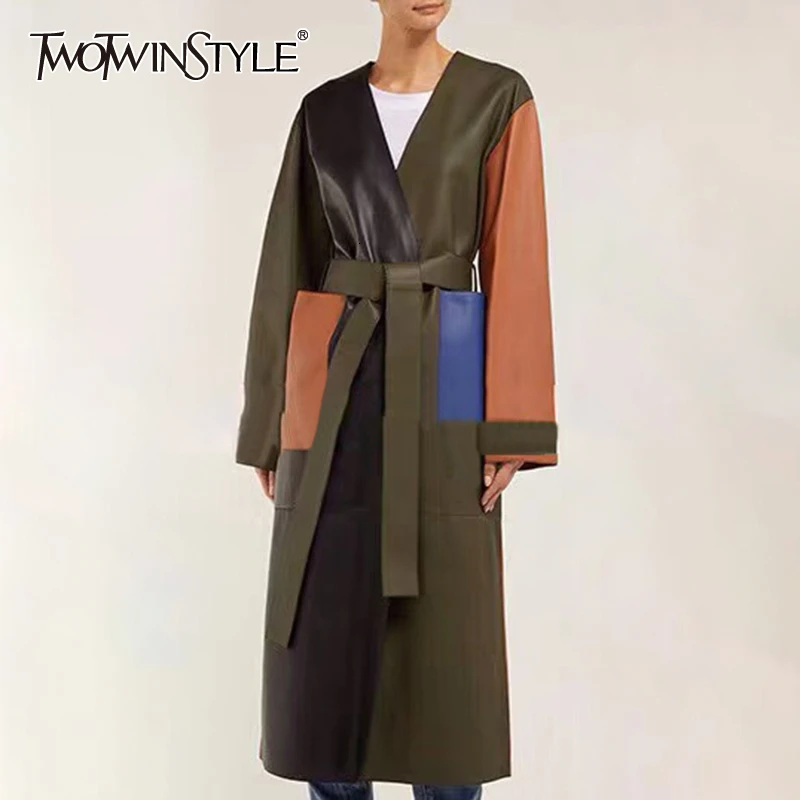 TWOTWINSTYLE Женская ветровка из искусственной кожи в стиле пэчворк хит цвета v