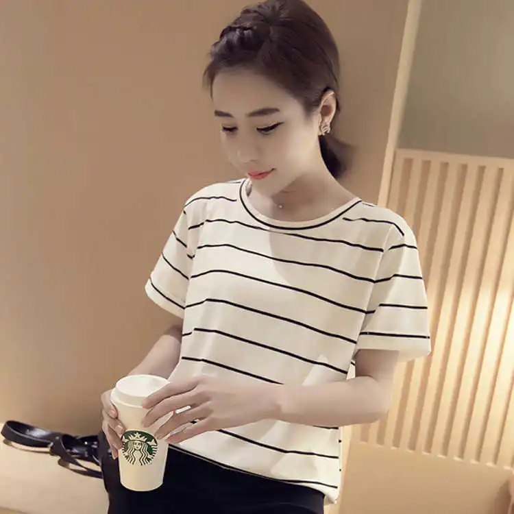

2019 summer new Korean loose size striped short sleeve T-shirt blouse women's foreign trade women's wear