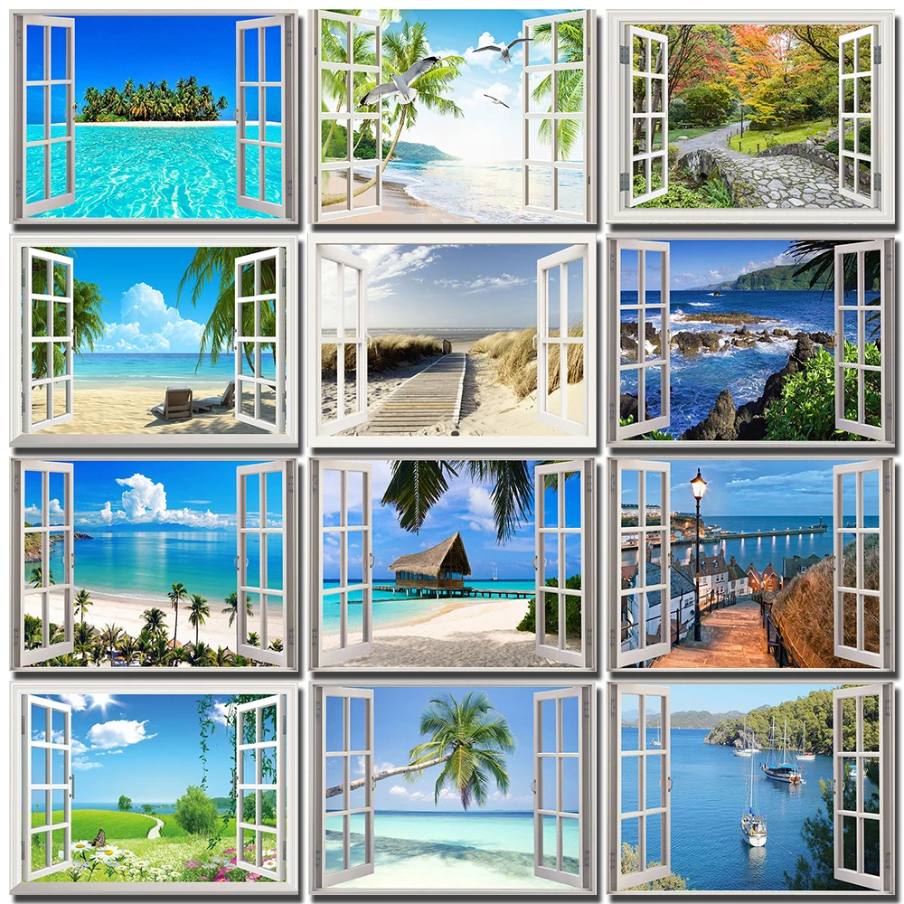 

5D Landscape Diamond Painting Seaside Window Landscape Cross Stitch Seascape Embroidery Rhinestone Mosaic Home Decoration