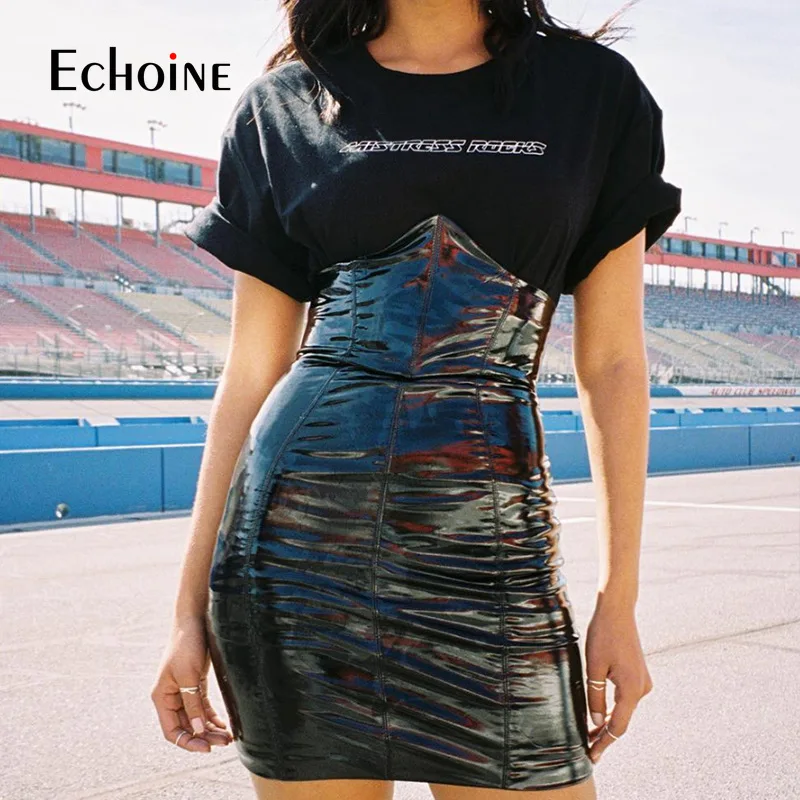 

Echoine Sexy High Waist PU Leather Slim Skirt Women Black Chest Up Back Zipper Bodycon Mini Skirts Womens Party Club Pencil Skir