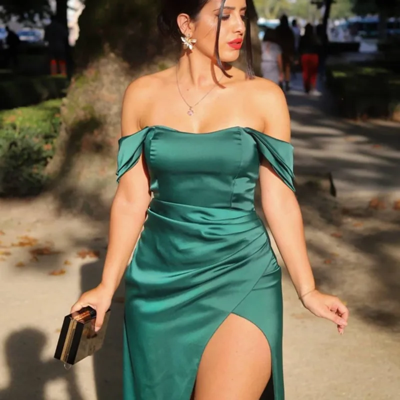 Сексуальное атласное зеленое вечернее платье с рукавом-крылышком модель 2022 года