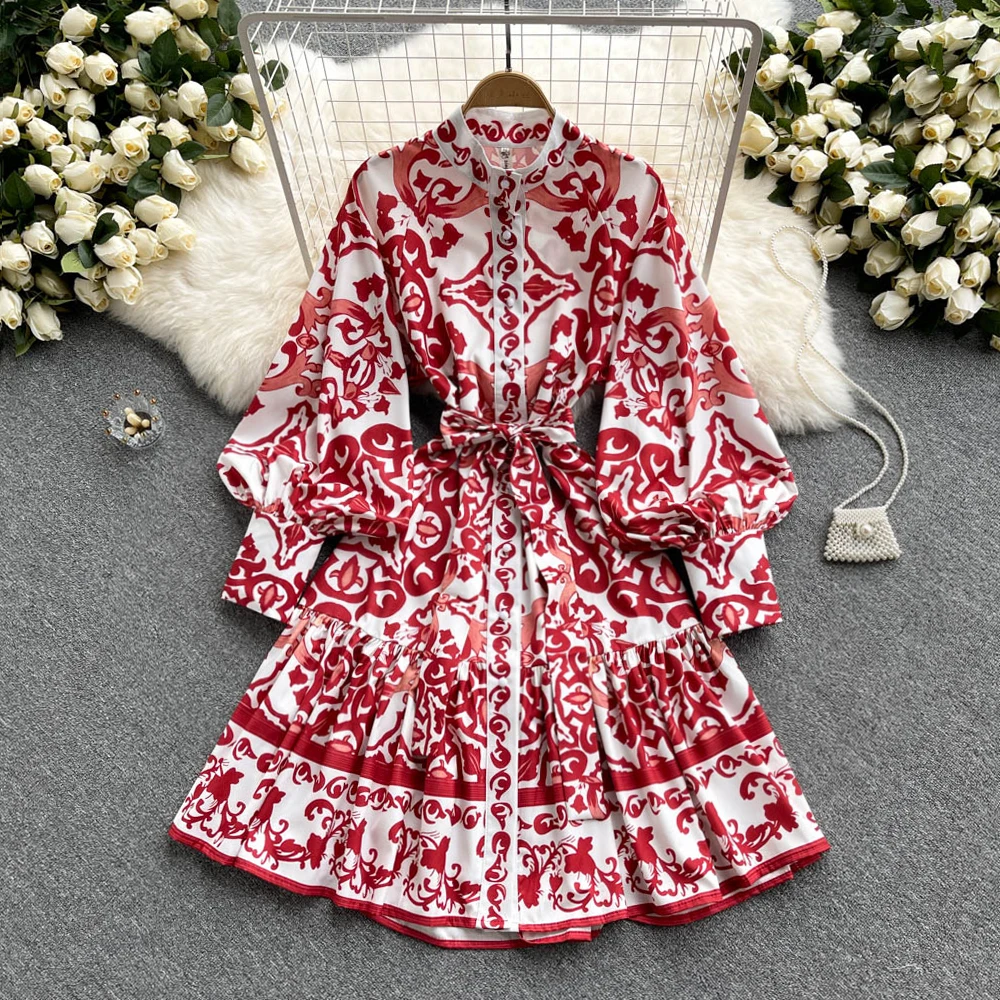 

B494 Women Fashion Palace Retro A-line 2021 Autumn Stand Collar Printed Long Lantern Sleeve Single-breasted Shirt Dress Vestidos