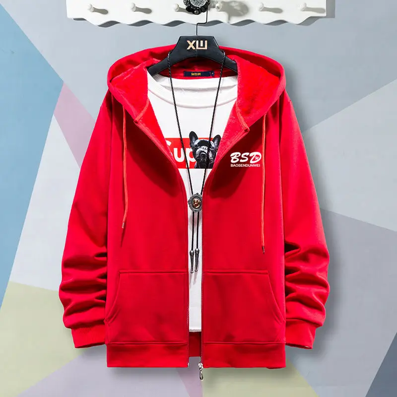 

New autumn and winter plus size zipper sweater men plus velvet cardigan large loose men's hoodie jacket