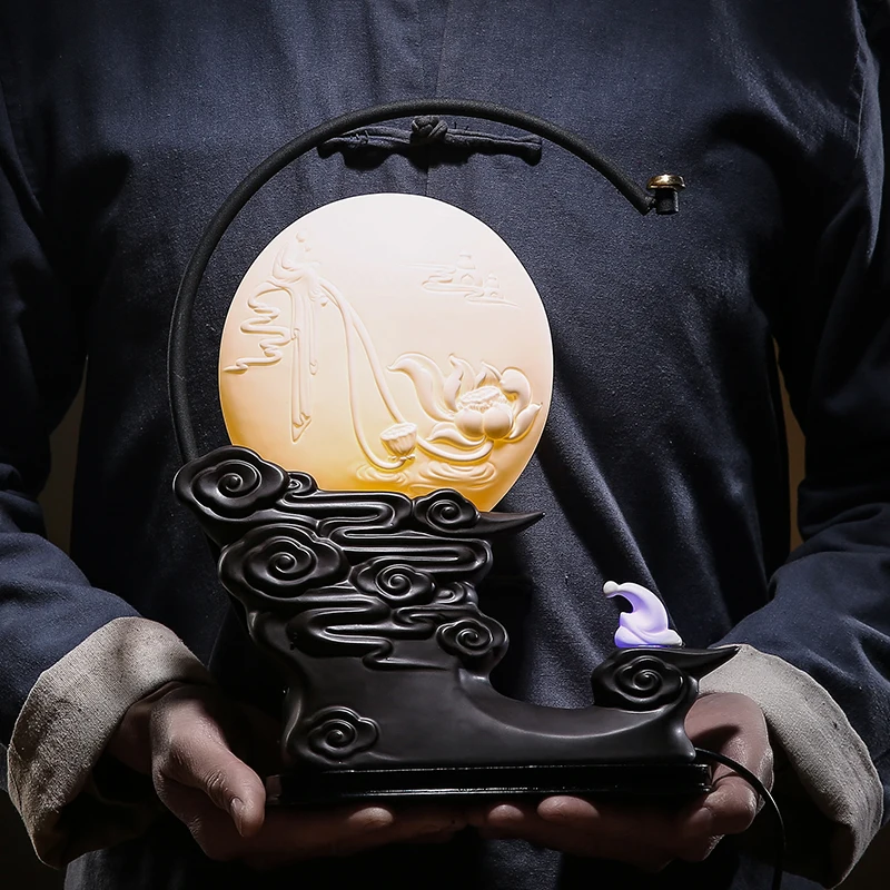 

Porcelain 31CM Lotus Luminescent Incense Burner Chinese Ceramic Censer Retro Style Feng Shui Desktop Decoration