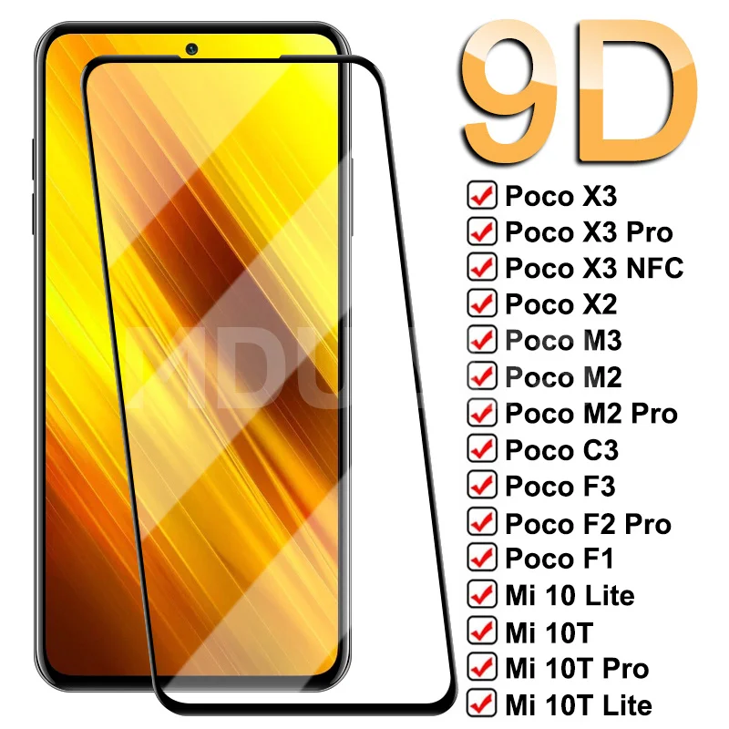 

9D Protective Glass For Xiaomi Poco X3 NFC X2 M3 M2 C3 F1 F3 F2 Pro Tempered Glass Mi 9 SE 10 10T Lite 9T Pro Mix 2 2S 3 Film