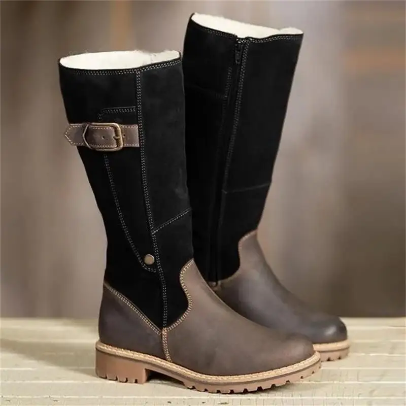 New Boots Women Leather Flock Winter Plush Warm Kneel High Boots Luxry Ladies Patchwork Flat Shoes Casual Female Snow Boots