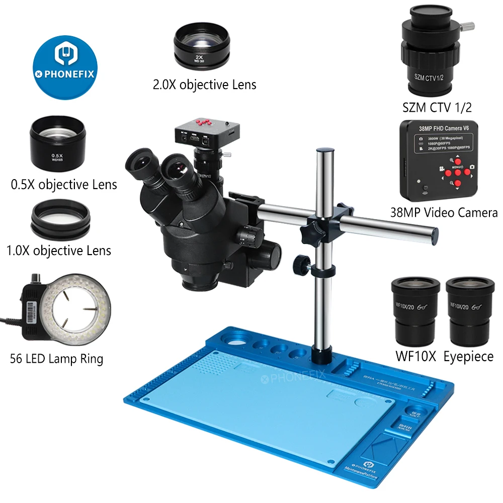 

3.5-90X Continuous Zoom Simul Focal Trinocular Stereo Microscope 38MP Camera for Lab Maintenance Phone CPU Soldering Repair Tool