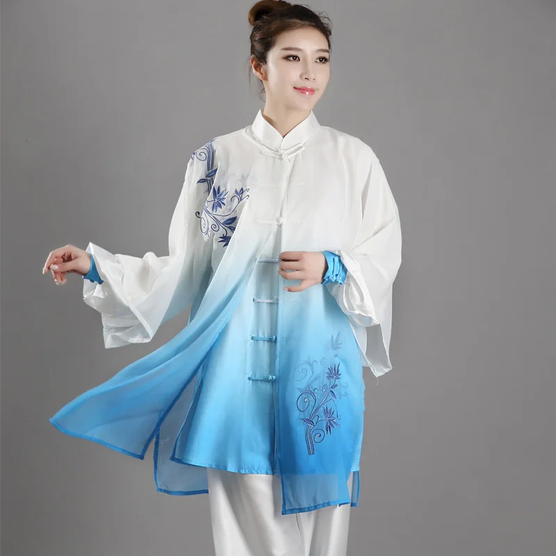 New Gradient Color Tai Chi Uniform Traditional Chinese Clothes Embroidered Martial Arts Suit Kung Fu Morning Exercise Sportswear