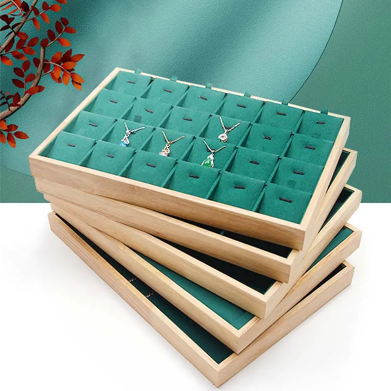 

Natural Wood Frame Green Velvet Jewelry Display Jewellery Organizer Rings Earrings Box Pendants Necklaces Holder Nice Gift Cases