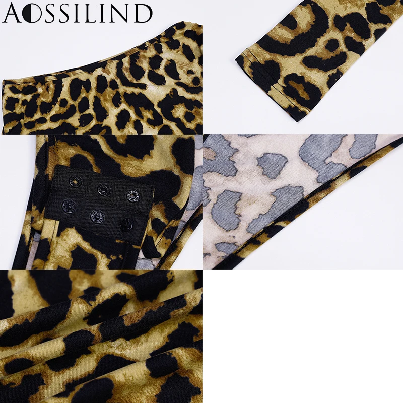 

AOSSILIND Leopard Print Sexy One Shoulder Backless Skinny Bodysuits Women Autumn Long Sleeve Rompers Ladies Stretchy Bodysuit