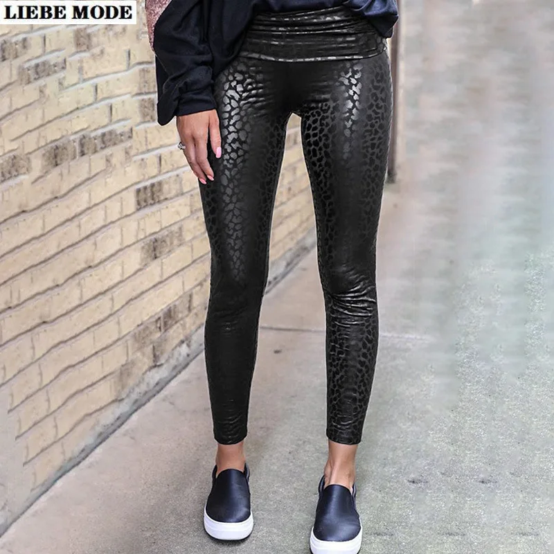 Autumn High Waist Black Leggings Women Leopard Stretchy Faux Leather Pants Womens Animal Striped Sexy Skinny Legging Female