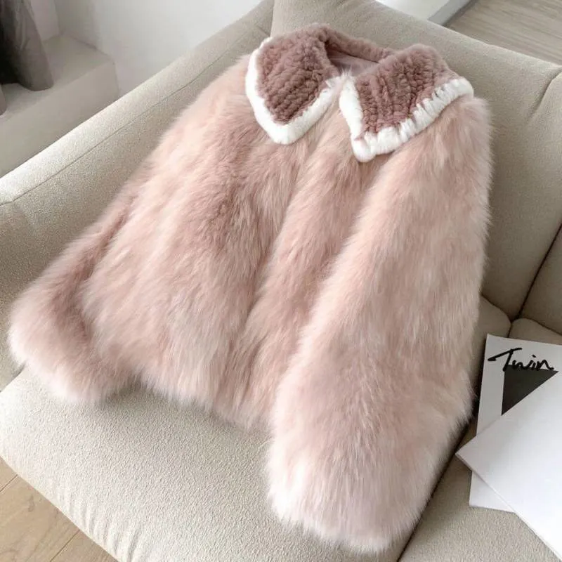 Pink Short Furry Faux Fox Coat Women 2022 New Winter Thicken Warm Jacket Female Fashion Turn Down Collar Long Sleeve Top LR2283