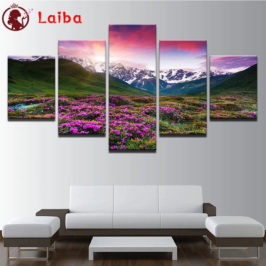 

Diamond Embroidery Natural scenery, purple flower mountain Picture Of Rhinestone Diamond Painting Cross New Arrival5pcs