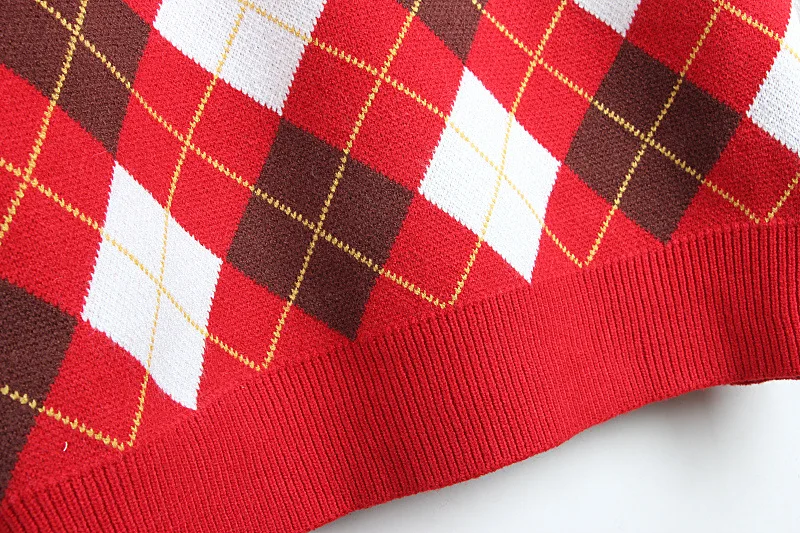 

Red Rhombus Plaid Loose Long Sweater 2020 Spring College Style Knit Pullovers Leisure Clothing Knitted Tops Sueter Mujer