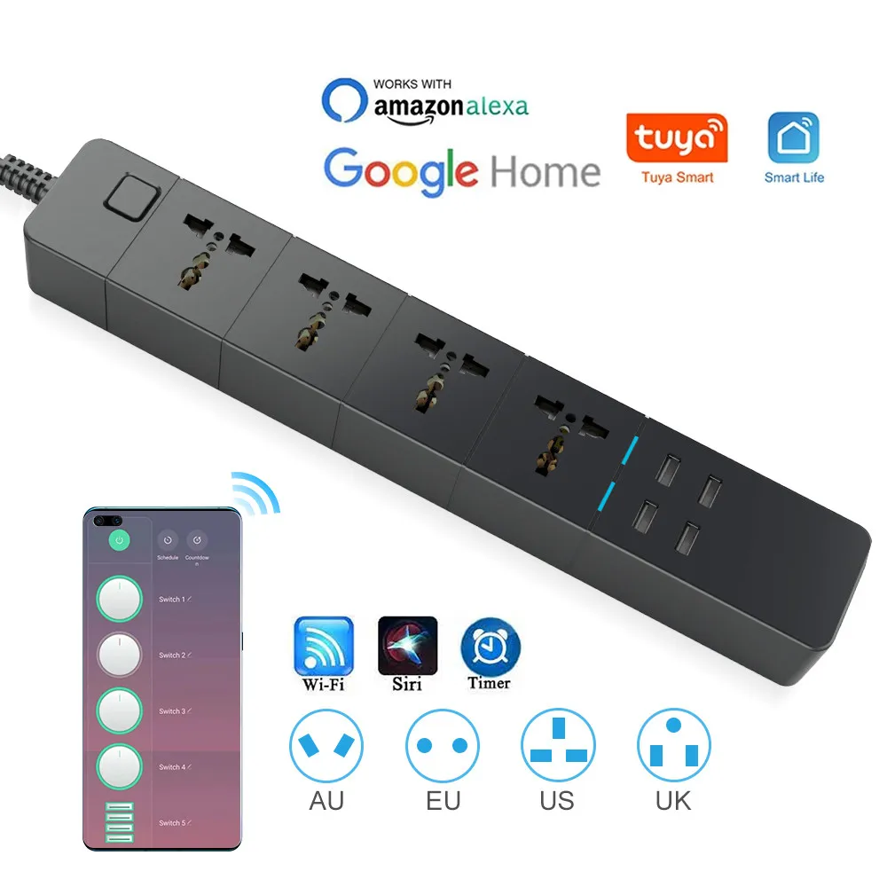 Smart power strip WIFI Universal 1.8/M/3.0M/5.0M with alexa googlehome multi plug  4 AC Socket 4 USB voice contro UK/EU/US/AU