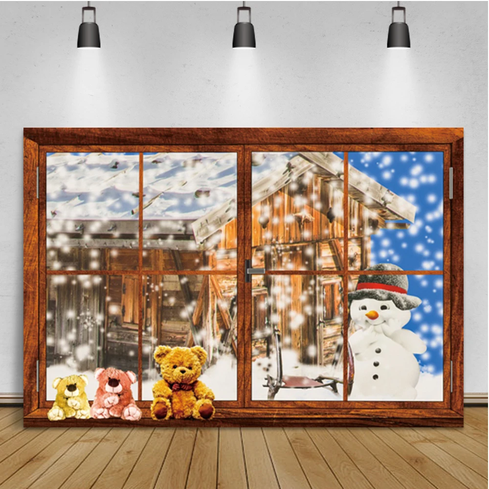 

Laeacco Winter Window Sill Snow Scene Cartoon Snowman Bear Room Decor Birthday Portrait Backdrop Photographic Photo Background