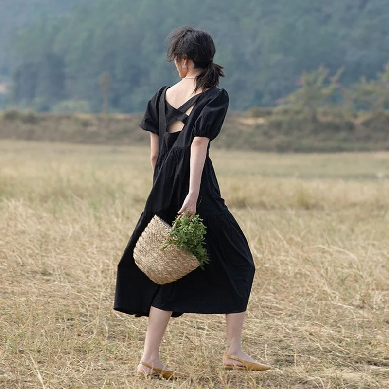 

Whtie Casual Elegant Dress Women Puff Sleeve Korean Vintage Party Midi Dress Backless Black Bohemian Beach Sundress Summer 2021