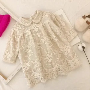 Кружевное платье для девочек, осень 2019, новое корейское платье принцессы с длинными рукавами и вышивкой, зимнее платье для девочек