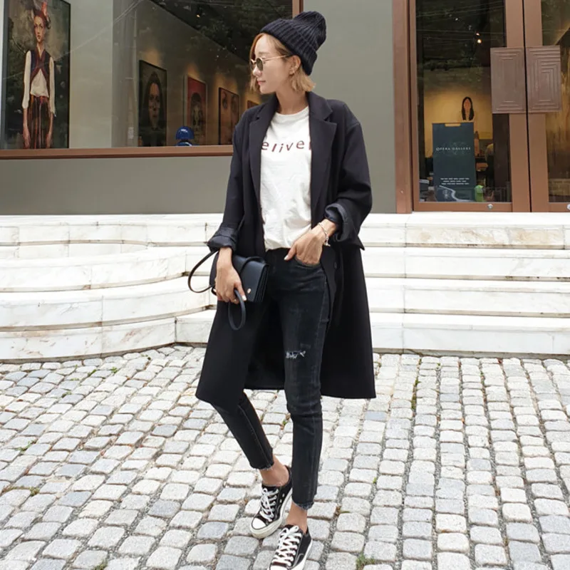 LANMREM Новая Осенняя модная женская одежда свободная корейская черная длинная