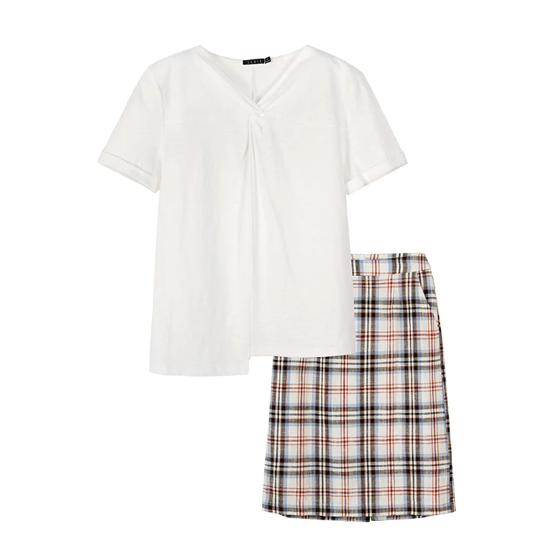 

SEMIR Summer Suit Woman Fashion V-Neck Irregular Short Sleeve T-Shirt Fresh And Simple Plaid Skirt With Lining Clothes Set Women