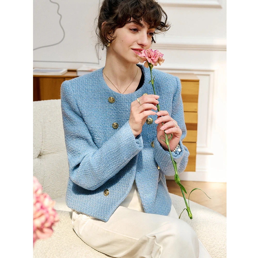 

Женская короткая куртка из 75%-ной шерсти, двубортная куртка с круглым вырезом и длинными рукавами, короткое пальто с карманами и высокой тал...