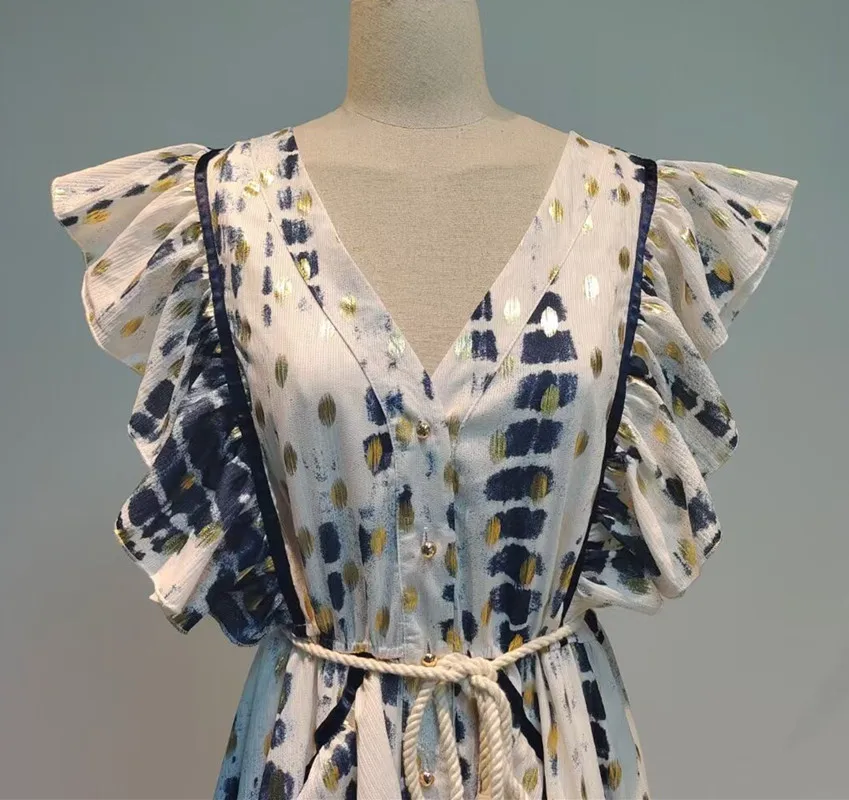 

Spring/Summer 2021 Seaside Holiday V-neck Flounce Sleeveless Lace-up Waist-Controlled Printed Cake Dress Dress