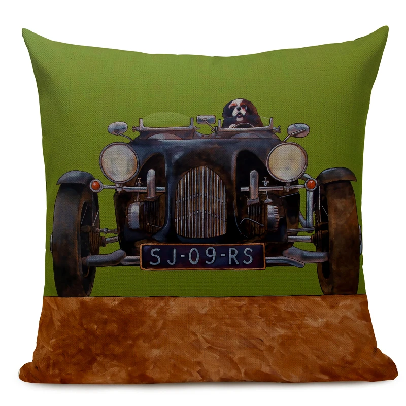 Hot Sale Pillow Lovely Cartoon Dog Cat Color Driving Car Vintage Almofadas 45X45CM Linen Pillow Decorative Linen Cushion Cover