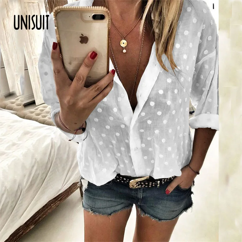 Женская блузка в горошек с длинным рукавом и отложным воротником|Рубашки| |