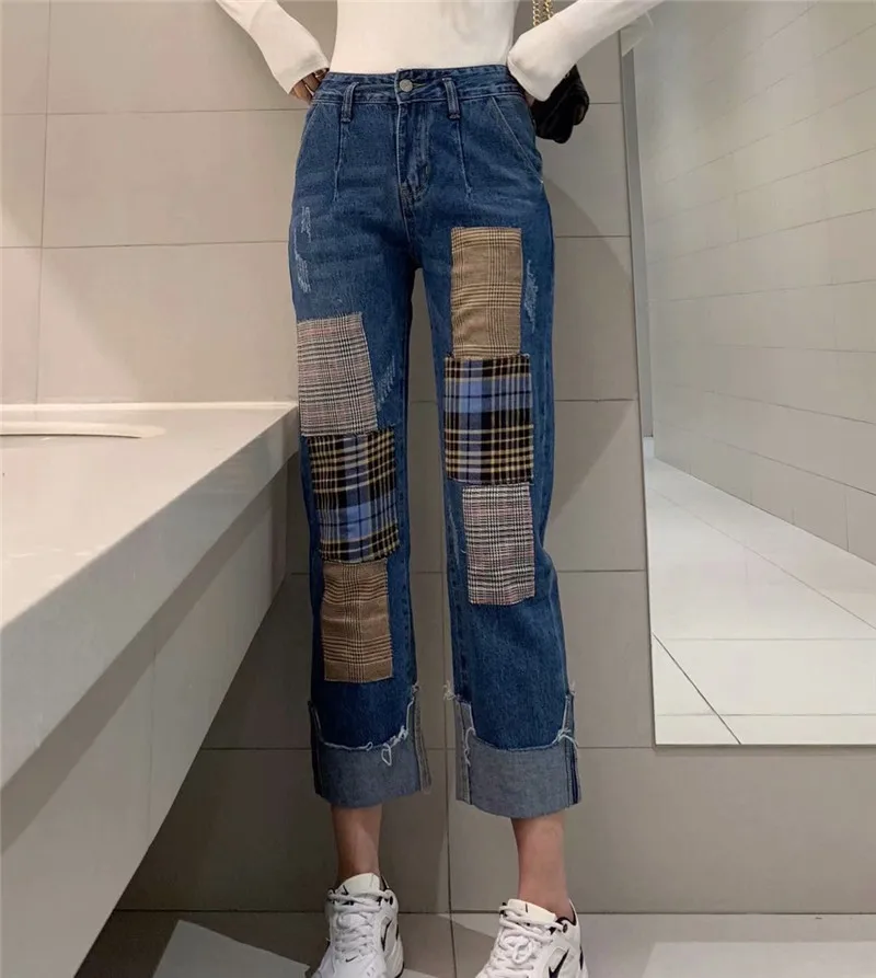 

Autumn and winter new street fashion stitching patch plaid jeans women, wild loose fashion wide-leg cropped jeans women