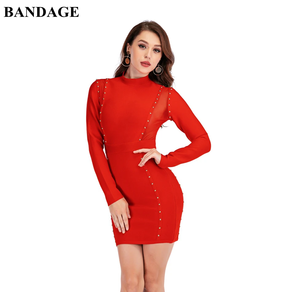 

New Design Autumn Patchwork Rivet Bandage Dress Sheath Zipper Full Sleeve Mini Dresses Celebrity Party Club Empire Vestidos