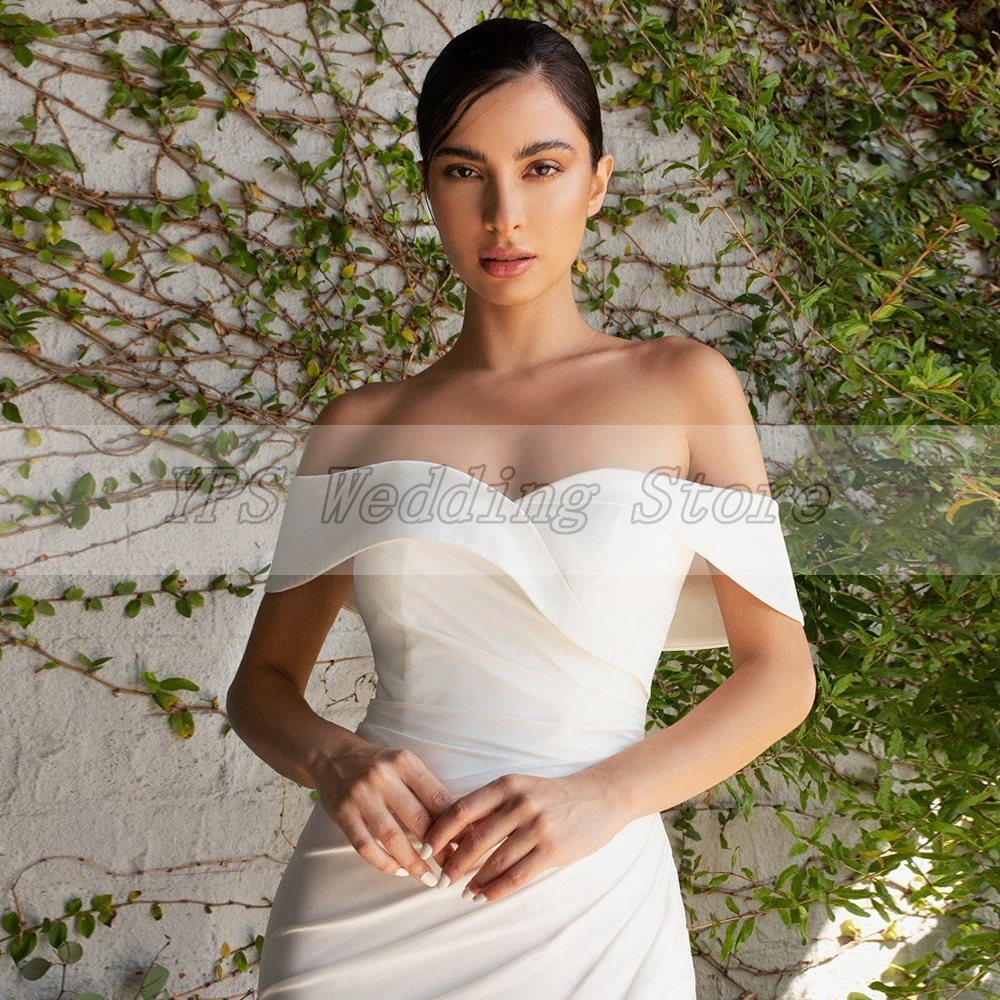 

Weilinsha Elegant Off the Shoulder Straight Side Slit Sweep Train Evening Dress 2021 White Pleats Prom Party Gowns