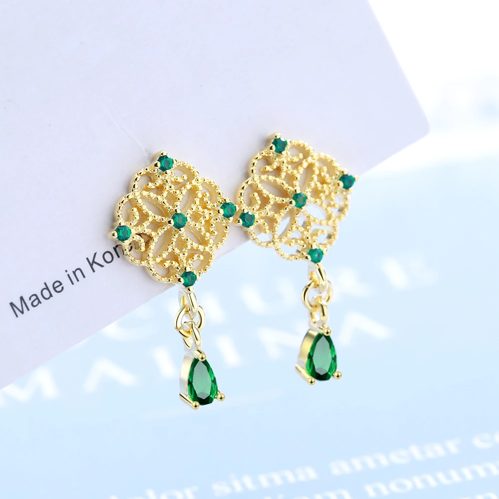 

Todorova Vintage Water Drop Green Crystal Stone Earrings For Women Hollow Flower Pattern Hanging Dangle Earrings Wedding Jewelry
