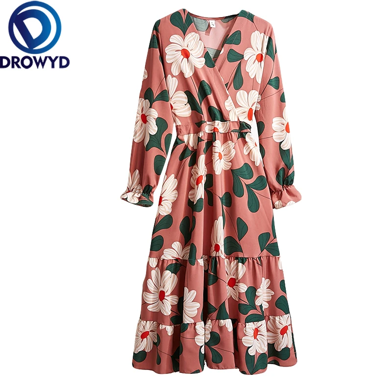 Женское платье средней длины с принтом queen модное в стиле бохо длинным рукавом и