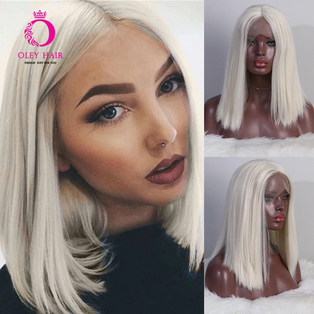 OLEY Hair Ash Blonde Wig Glueless Synthetic Lace Front Wig High Temperature Fiber Black Short Bob Cosplay Wigs For Black Women