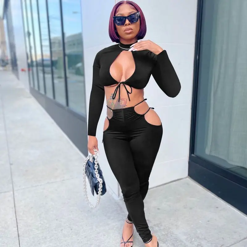 

Соблазнительный бандажный комплект из двух предметов для женщин, одежда с вырезом, укороченный топ с длинным рукавом, спортивные штаны, оде...