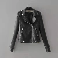 high quality womens faux leather jacket casual solid black lapel zipper long sleeve fashion motorcycle slim short coat jacket40