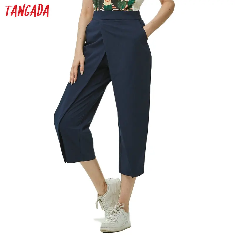 Tangada темно синие брюки кюлоты с высокой талией завышенной офисные повседневные