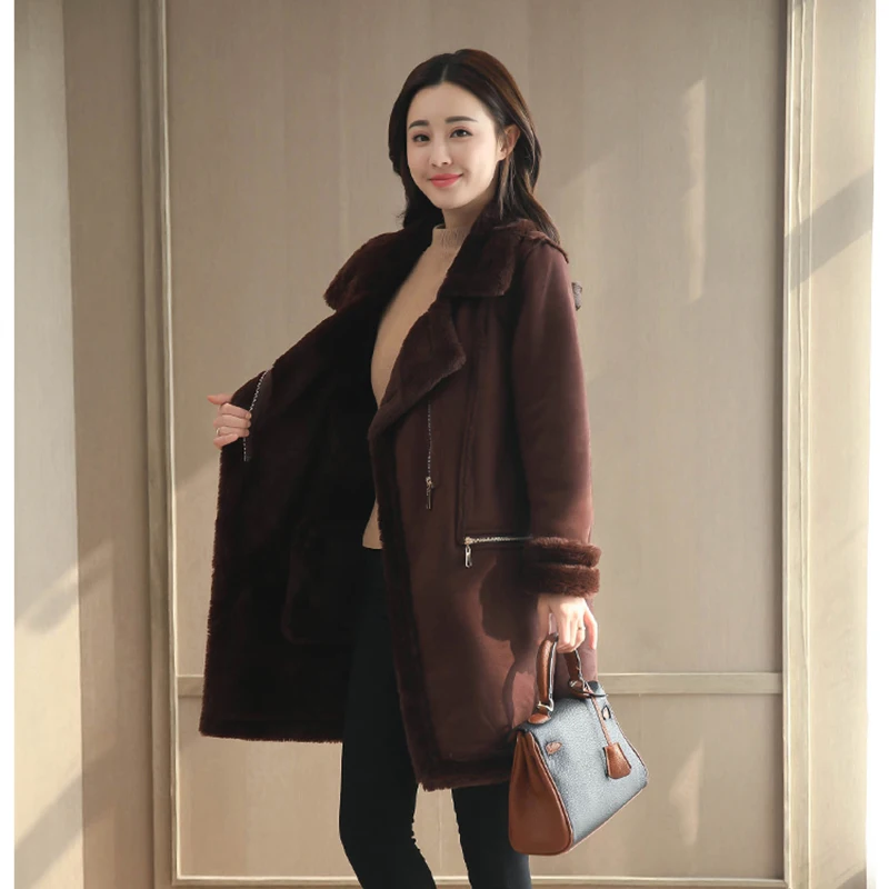 Winter Women Zipper Medium Long Coats Cotton Solid Long Sleeve Outerwear Thick Parkas Female Lambswool Casual Trench New Jackets
