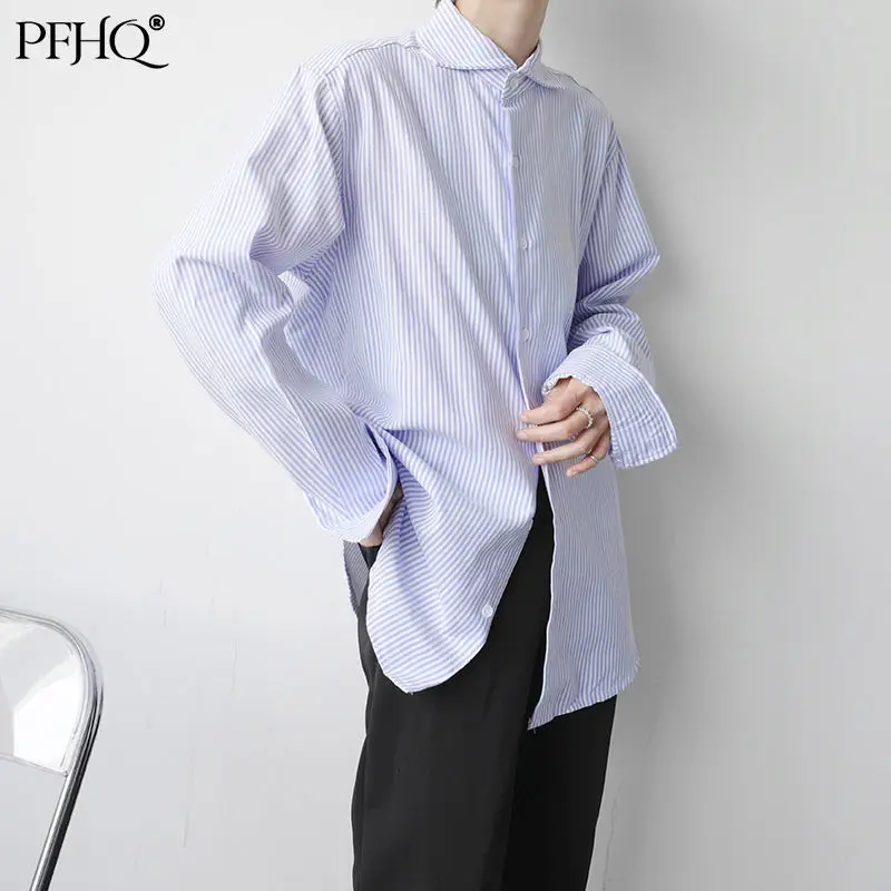 

PFHQ 2021 New Men's Fashion Loose Personality Collar Personality Collar Office Lady Casual Striped Shirt Spring Autumn 21E1297