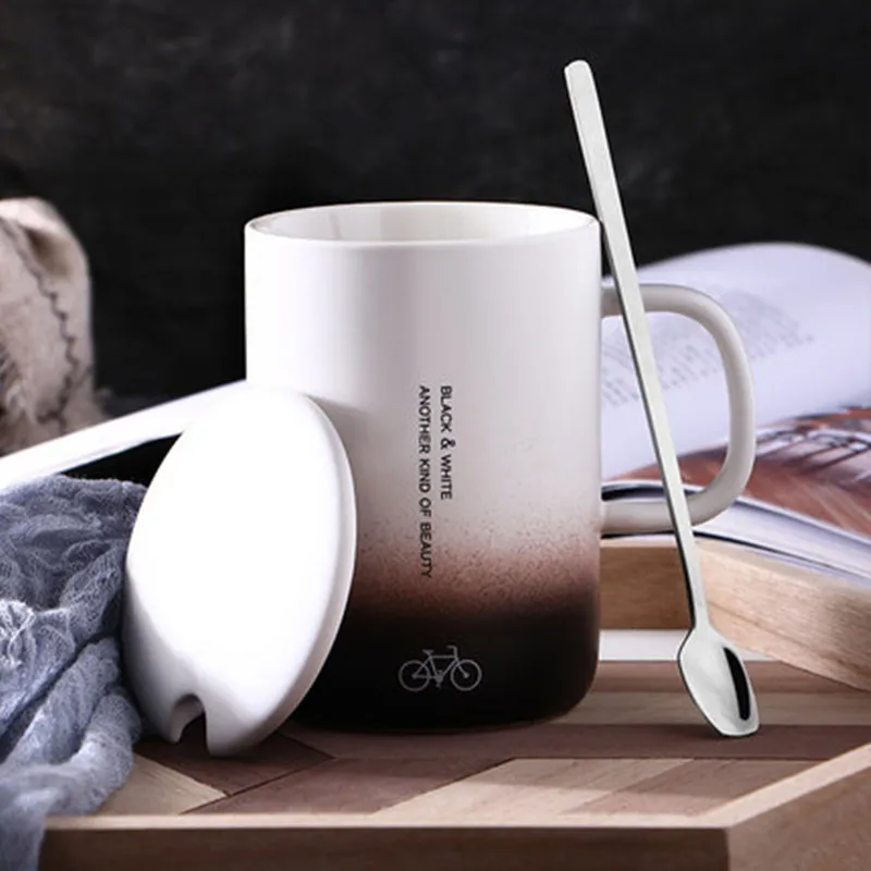 380 мл Черно-белая керамическая кружка с крышкой ложка градиентная чашка для воды