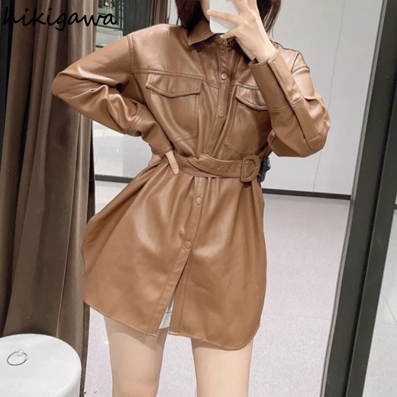 

Куртка Hikigawa кожаная однобортная с отложным воротником и длинным рукавом, модное однотонное пальто из искусственной кожи с поясом в английс...