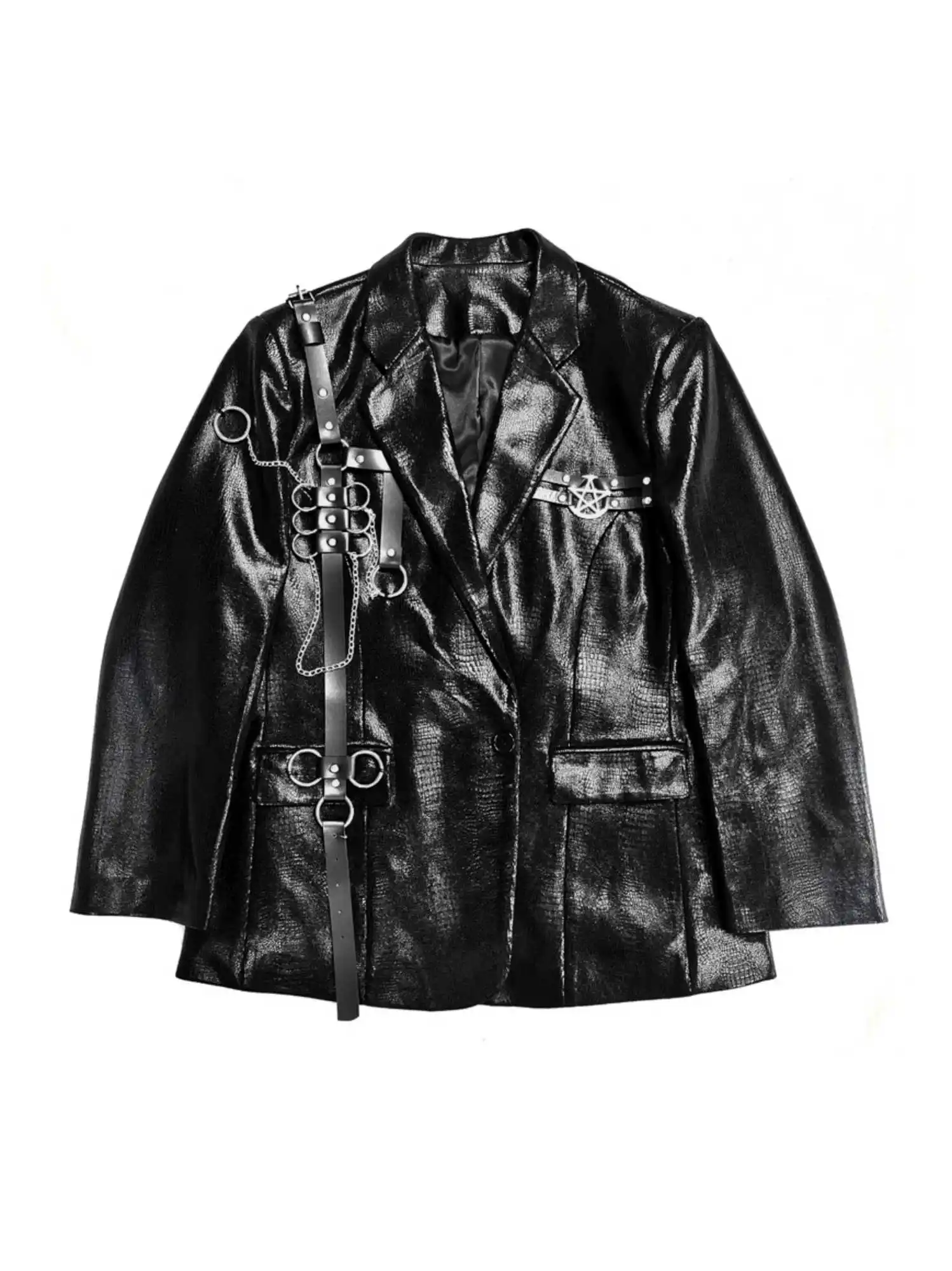 

Punk Women Dark Faux Leather Jacket Heavy Industry PU Leather belt Metal Patch Blazer Gothic Black Autumn Winter Coat