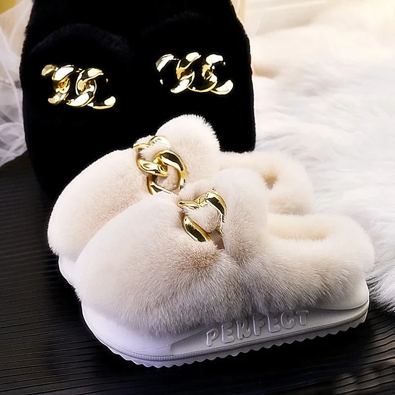 Platform Home Slippers For Women Indoor Bedroom Fuzzy Female Shoes Slides Womens Winter Fashion EVA Flat Plush Warm Slippers
