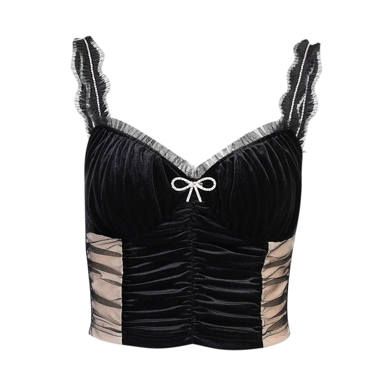 

InsGoth Dark Vintage Sexy Black Camisole Goth Vintage Bow Patchwork Bodycon Camis Harajuku Streetwear Mesh Patchwork Women Tops