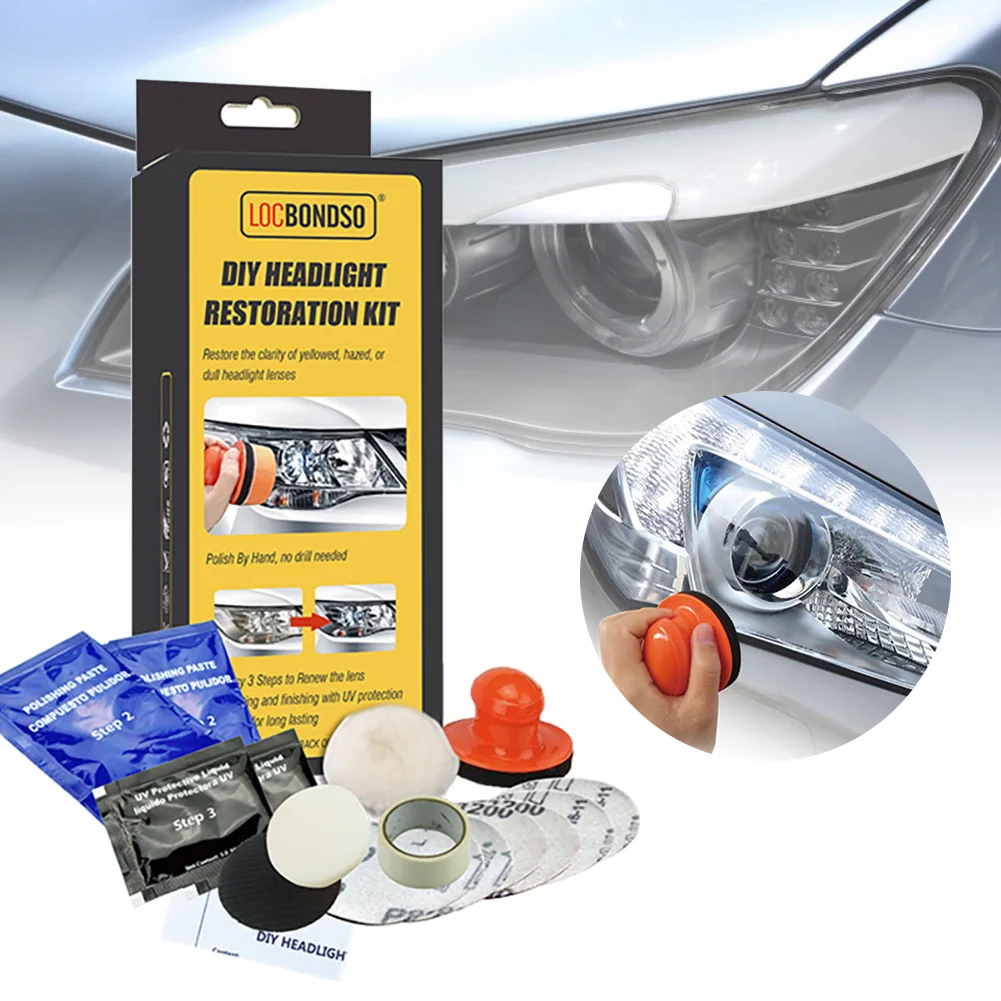 

Headlight Lens Restoration Kit w/ Drill Pin DIY Headlight Haze Discoloration Repair Set Polish Cleaning Kit for Auto Motorcycle
