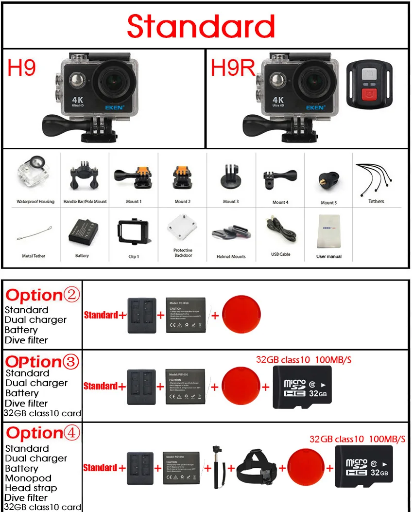 Екеn H9/H9R действие Камера Ultra HD 4 K/25fps Wi-Fi 2," 170D шлем Подводные Камера водонепроницаемый Cam Спорт Камера